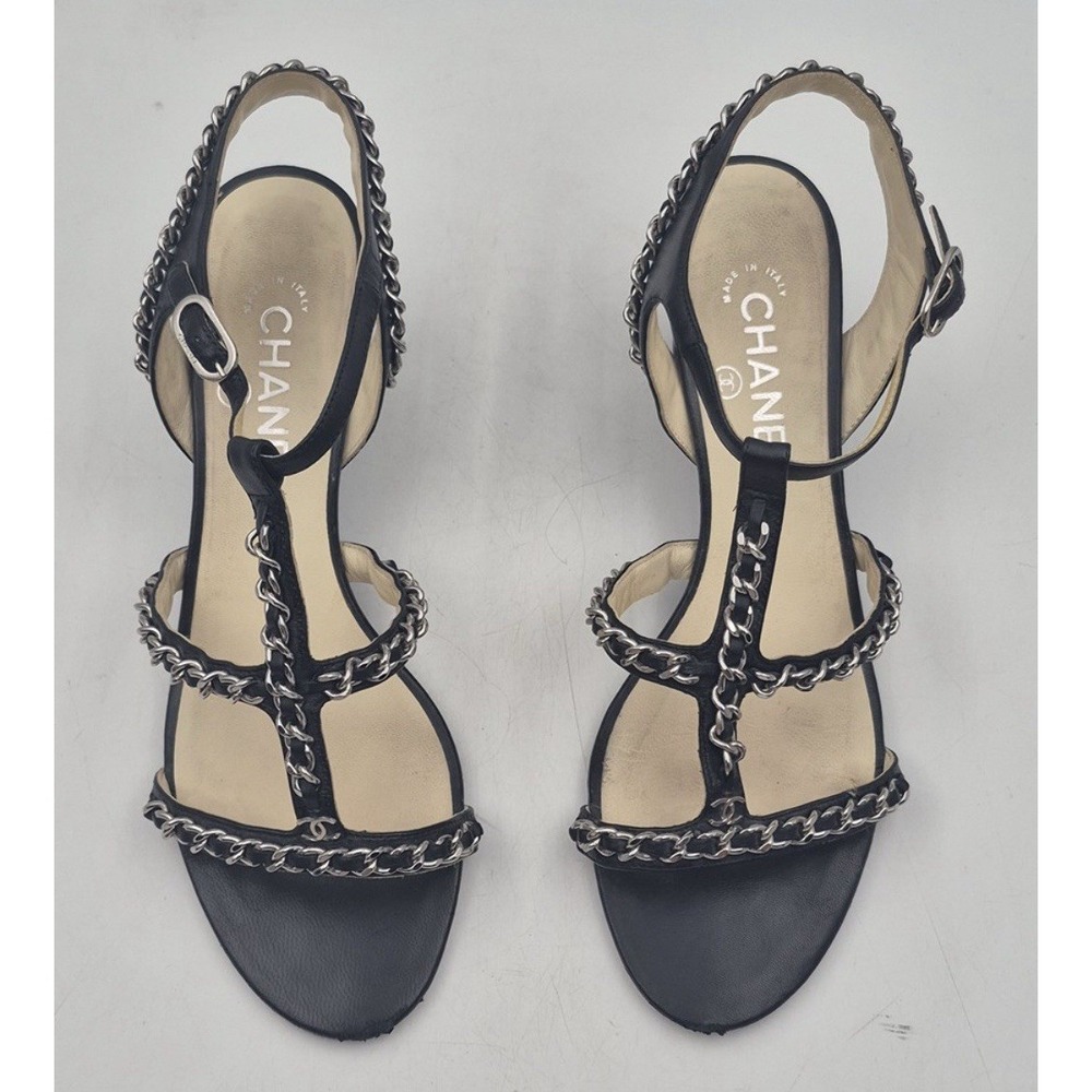 CHANEL Black Chain T-Strap Sandal Heels 39.5 8.5 Silver CC Block - Picture 3 of 12